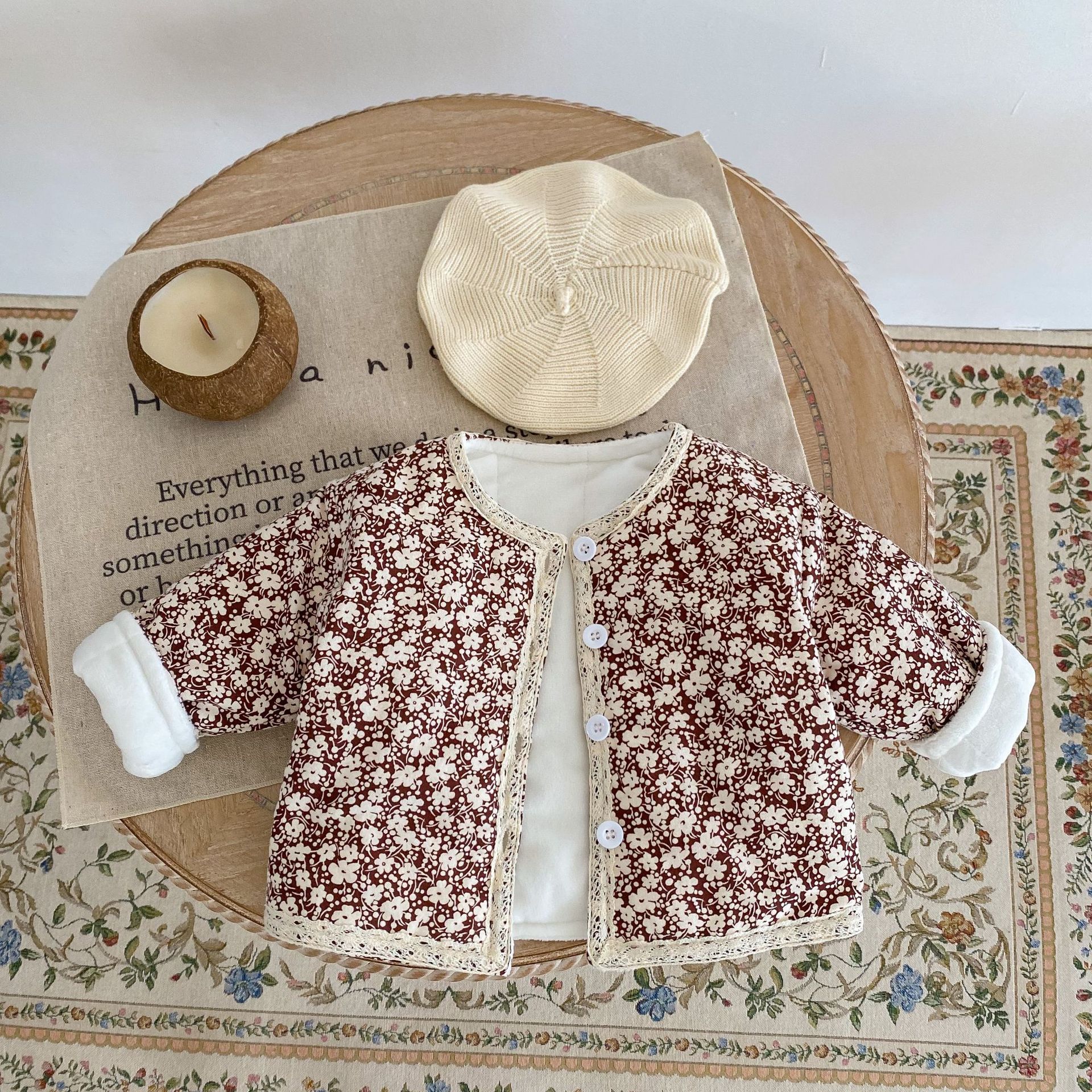 Picture of 2025 New Winter Clothing for Baby Girls, Infants and Young Kidsren, Thickeneded Long-Sleeved Lace Floral Quilted Cardigan Jacket