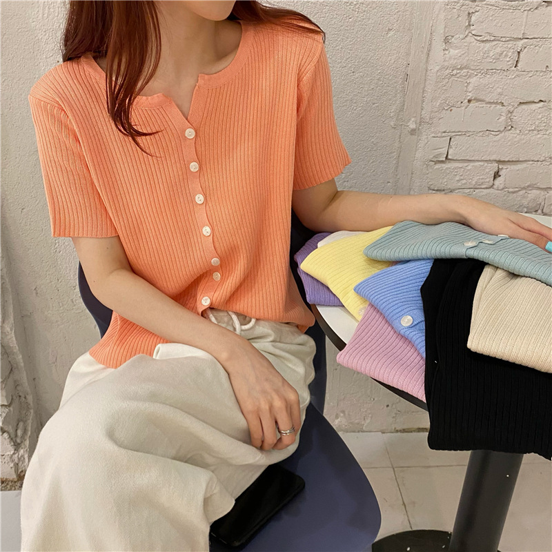 Picture of Summer 2025 New Knitwear Women's Korean Style Thin Bottoming Shirt Pure Color Slimming Look Versatile Single-Breasted Short-Sleeved Top