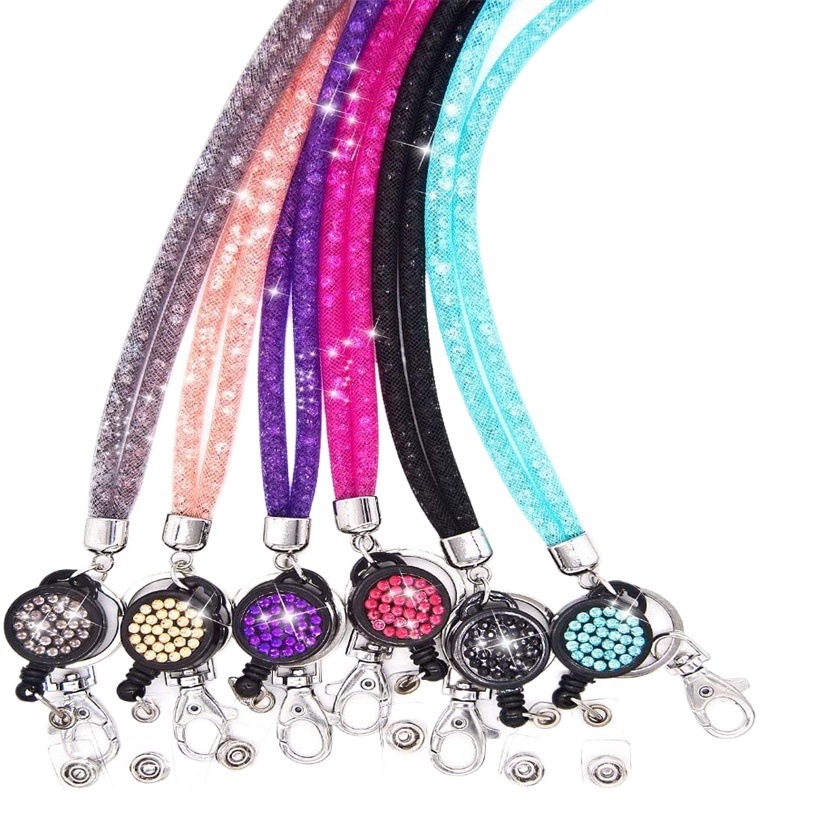 Office culture and education certificate card fishing net rhinestone mobile phone chain lanyard Crystal Diamond-embedded halter retractable easy-pull buckle in stock
