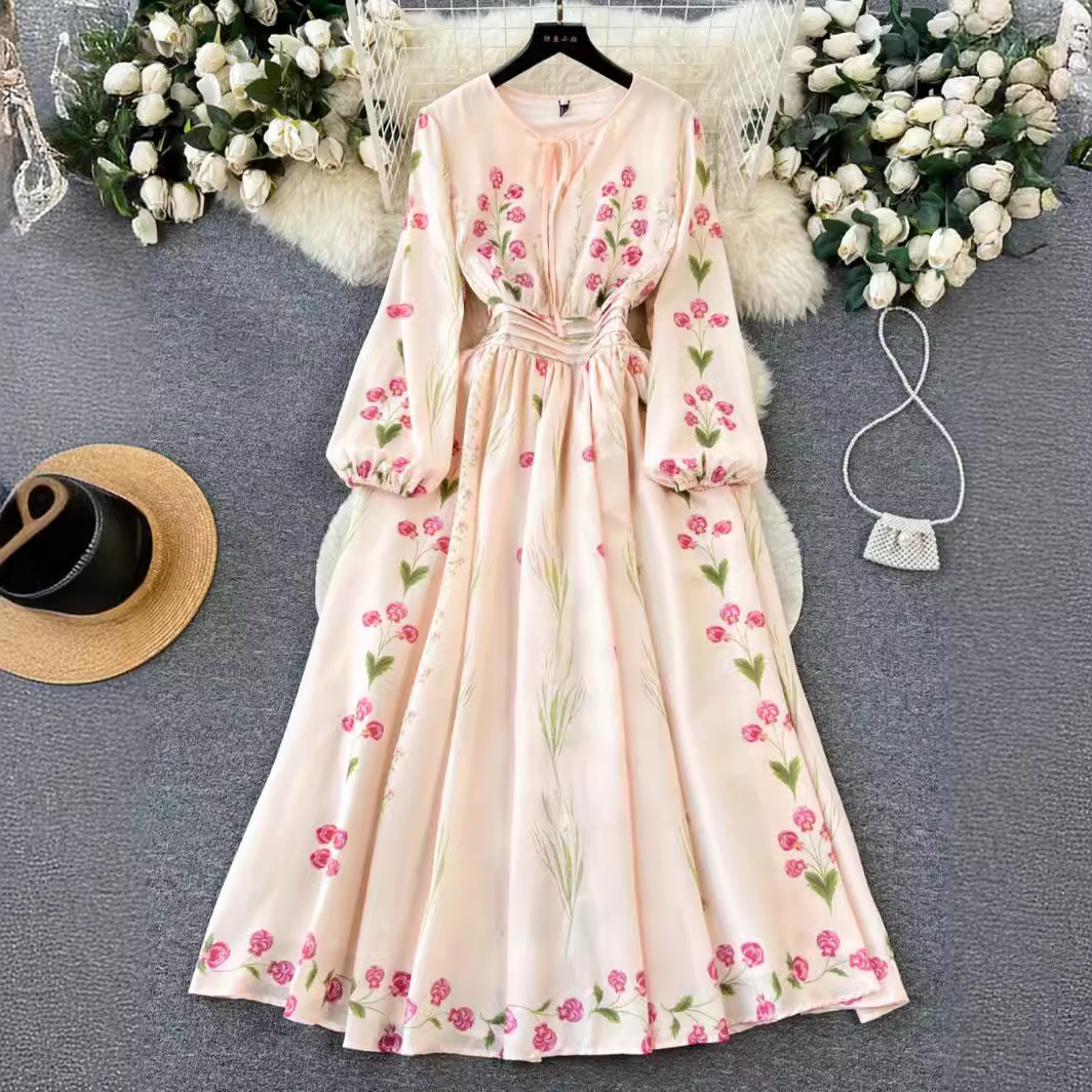 Cross-border Noble Elegant Long-sleeved Positioning Printed Waisted Dress High-end Slim Retro French Dress