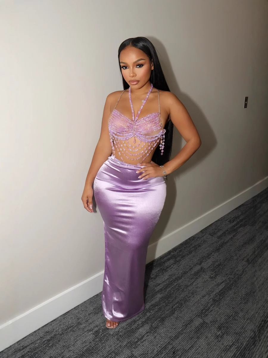 Picture of Europe and the United States cross-border foreign trade women's summer new solid color personality bright light drape satin split slim hip skirt