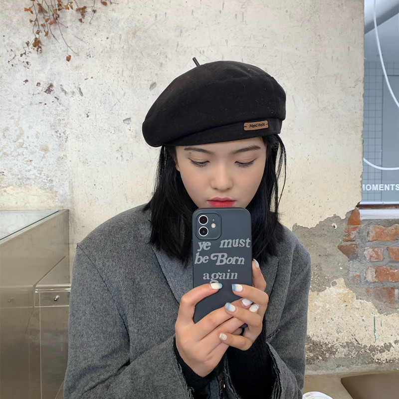 Greenhouses Hat Women's Korean Solid Color Woolen Beret Autumn and Winter New All-match Casual Painter Hat for Men