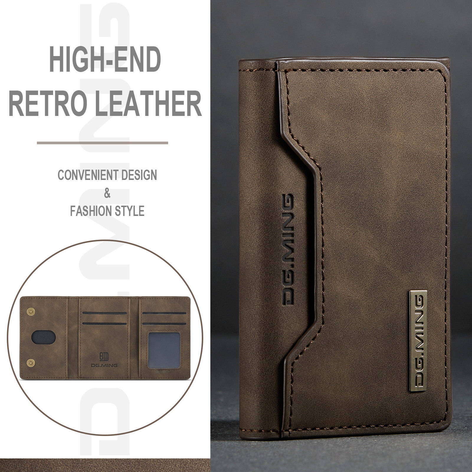 Picture of DG.MING brown three-fold card case card case high-grade retro PU card case leather case multi-functional magnetic small card case