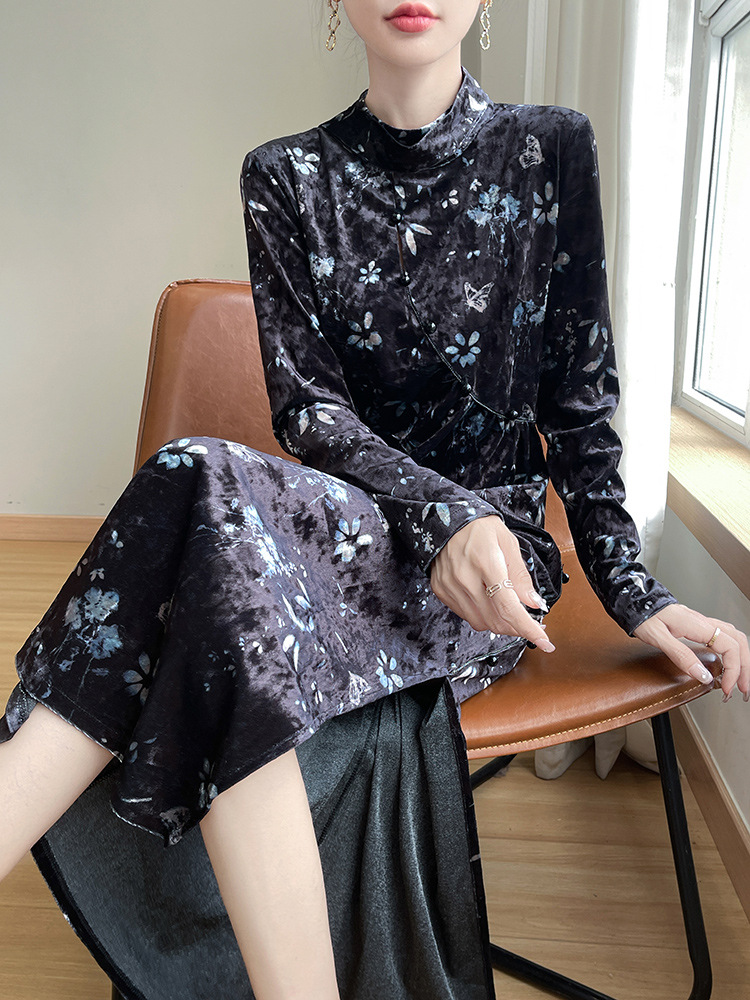 2024 New Chinese Style National Style Printed dress Women's Vertical Collar Long Sleeve Retro Modified Elegant Cheongsam Skirt Slimming Long Skirt