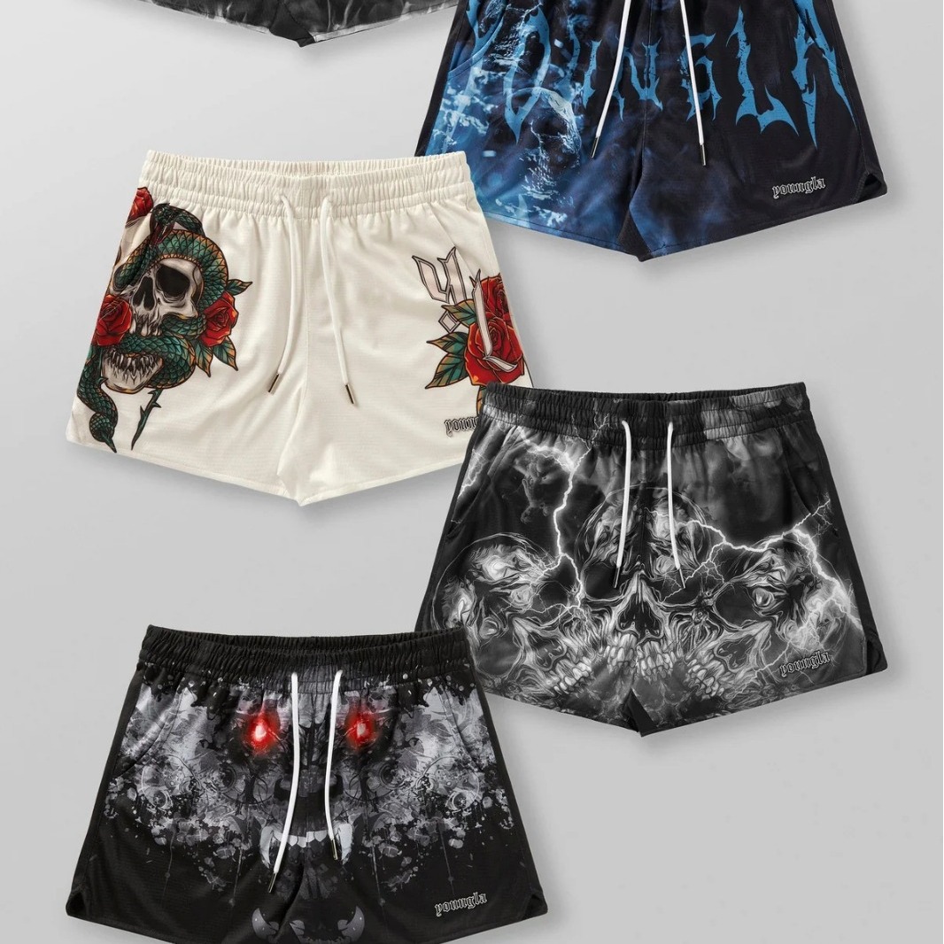 New American Sports Shorts Men's Skull but Knee Mesh Quick-drying Breathable Running Beach Fitness Quad Shorts