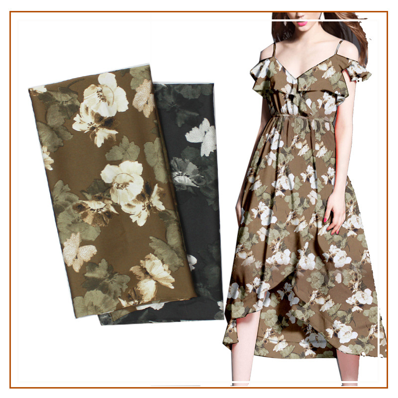Imitation acetate Ling grosgrain printed fabric big flower holiday style dress long skirt top fabric smooth surface New