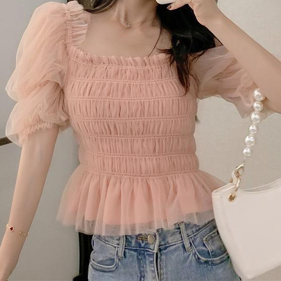 Pink Puff-Sleeved Chiffon Shirt for Women Hong Kong Style Summer Mesh Waist Slim Square Collar Top with Niche Design