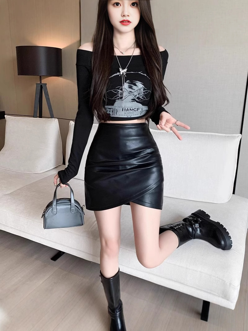 Black Hip Skirt Small Leather Skirt 2024 New Autumn and Winter Short Skirt Women's High Waist Skirt pu Leather Skirt Short Skirt
