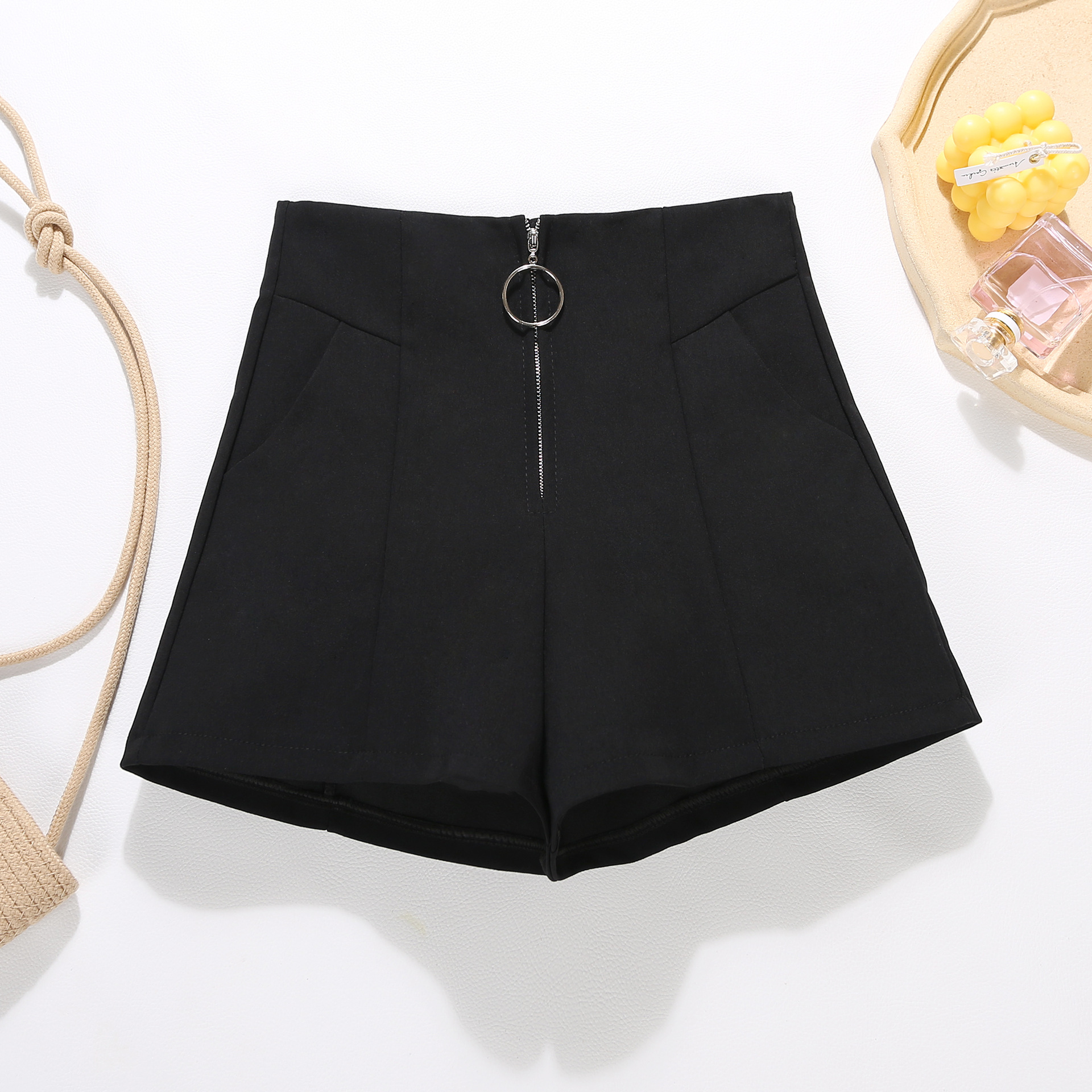 Black Ring Zipper Casual Pants Women's Spring New High Waist Slimming Pants All-match Outerwear A- shaped Shorts Wholesale