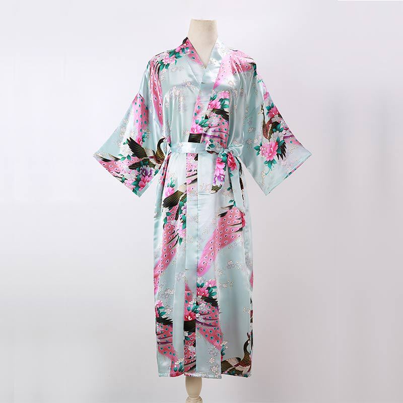 Picture of Women's Sexy Long Pajamas Summer Kimono Robe Thin Peacock Print Bathrobe Imitation Silk Kimono Nightgown Foreign Trade