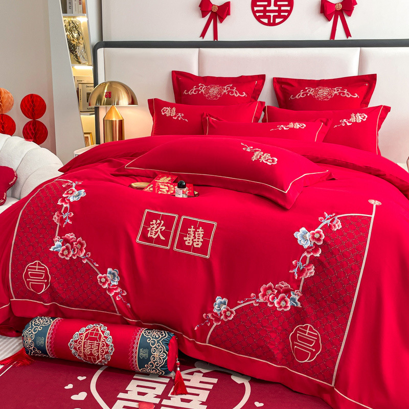 Comfortable Washed Thickeneded Brushed Wedding Embroider Four-Piece Set Red Wedding Quilt Cover Four-Piece Fitted Sheet Set