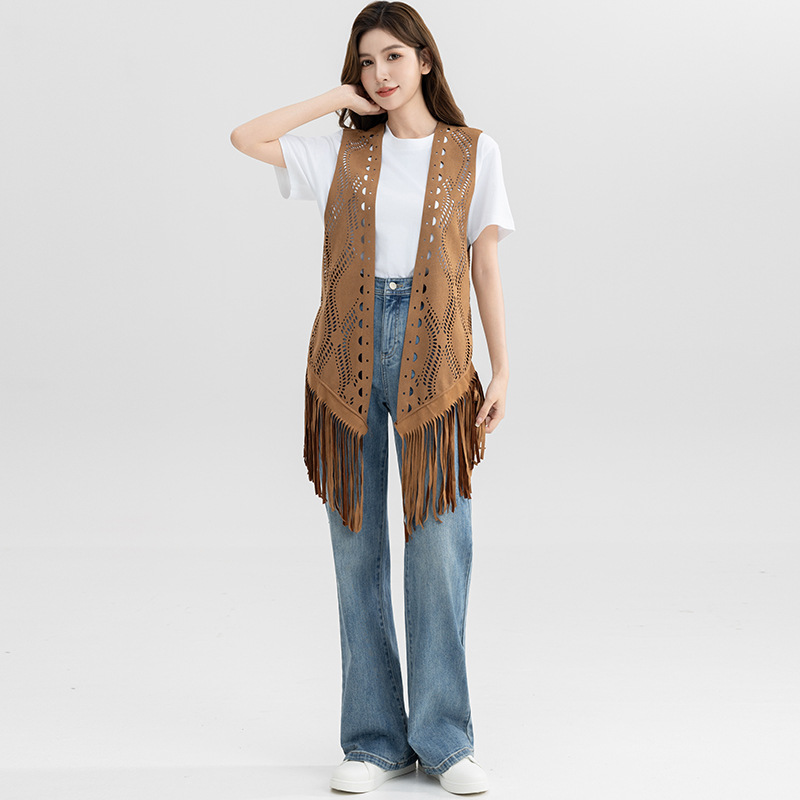 2025 Cross-Border Aliexpress New Product Suede Shawl Summer Mid-Length Tassel Hollow Vest Jacket Women Wholesale