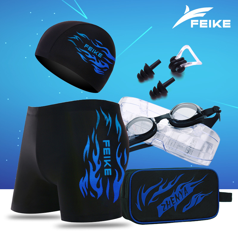 Men's Swimming Trunks Hot Spring Boxers Comfortable Large Size Adult Quick-Dry Flame Swimming Trunks Swimming Goggles Swimming Cap Swimming Set