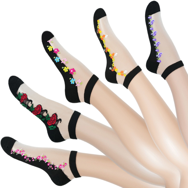 European and American popular women's mid-calf Crystal stockings spring and summer thin embroidered glass Silk women's socks middle-aged and elderly non-slip socks