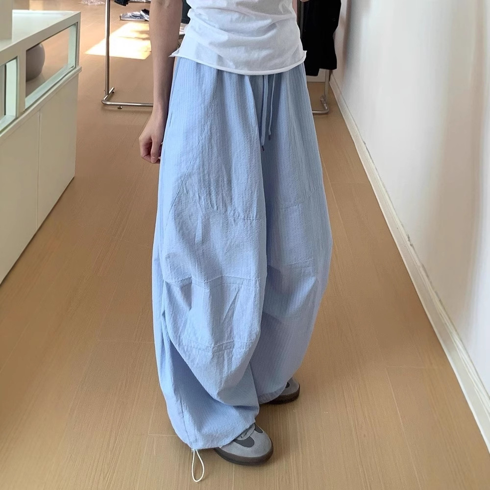 Blue Vertical Striped Wide-Leg Casual Pants for Women 2025 Summer New Loose Lazy Walking Long Pants