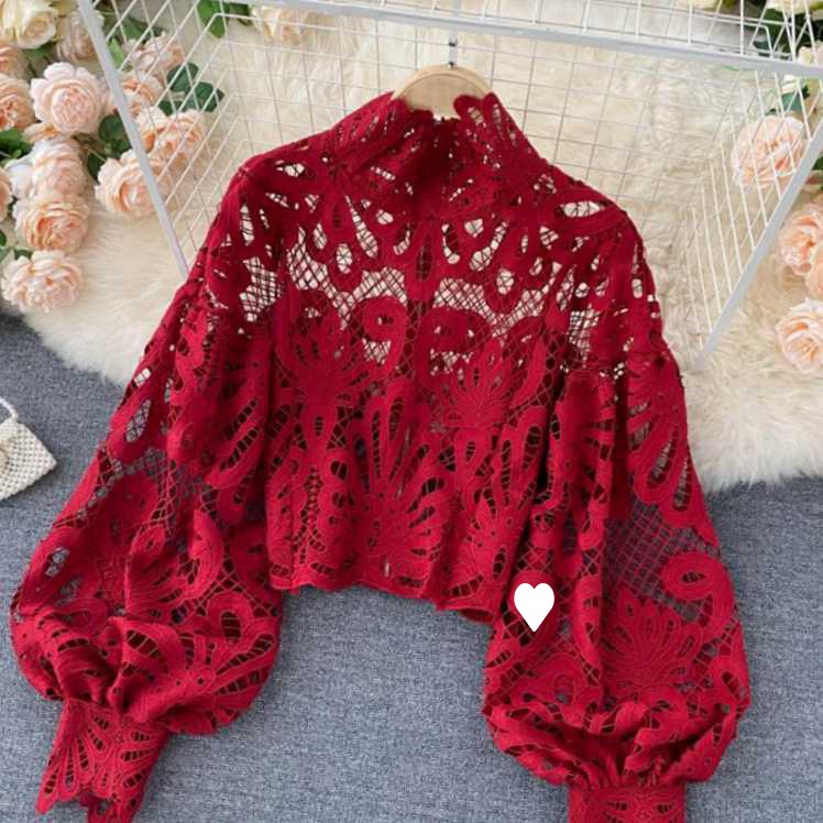 Picture of 2023 Design Sense Lace Hollow Autumn Top Standing Collar Bubble Sleeve Loose Sexy Short Shirt