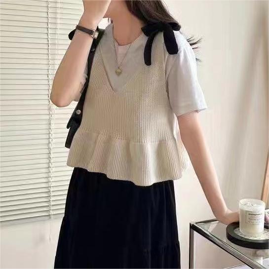 Summer New Korean Style V-Neck Tie-Up Doll Shirt with Straps, Simple Sleeveless Knit Vest Casual Top