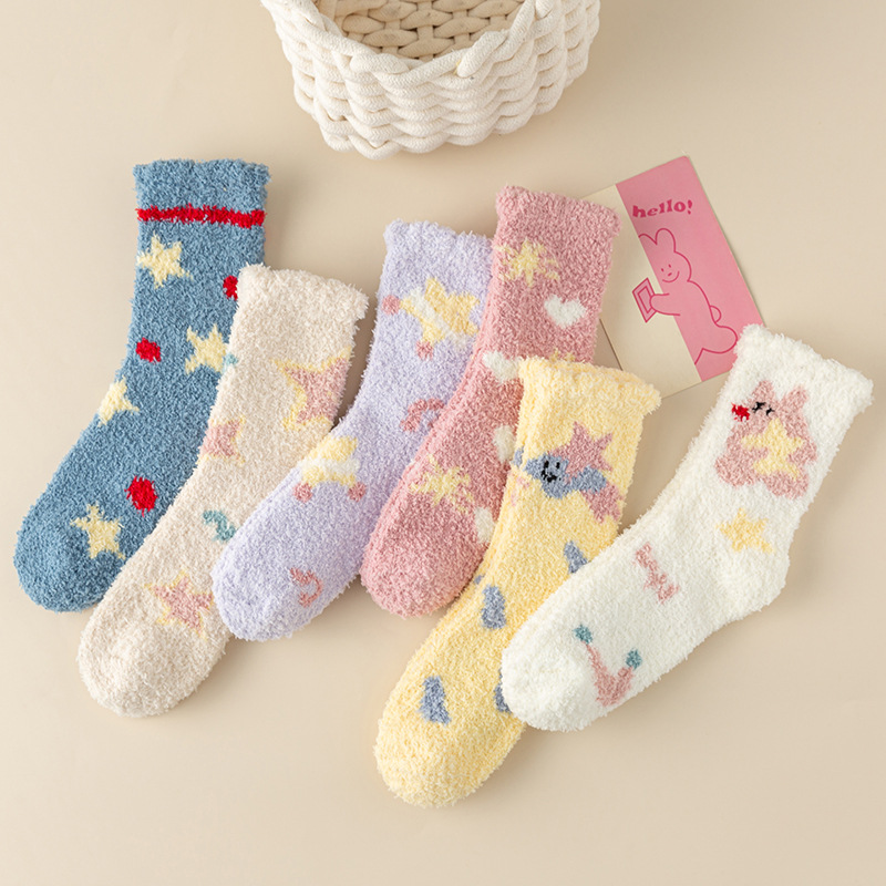 Non-lint coral fleece women's socks wholesale autumn and winter simple star half velvet home sleep socks floor socks confinement socks
