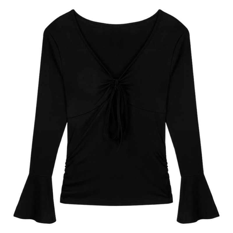 Pleated Lace-Up V-Neck Long-Sleeved Inner T-Shirt Women's Winter New Trumpet Sleeve Waist Black Base-Layer Shirt Top Cross-Border