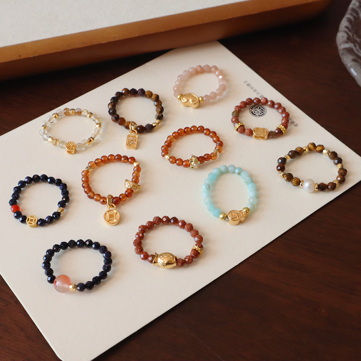 New Style Natural Stone Ring Tiger Eye Blue Sand Stone Hair Crystal Ring New Chinese Design Beaded Stystring Crystal Ring