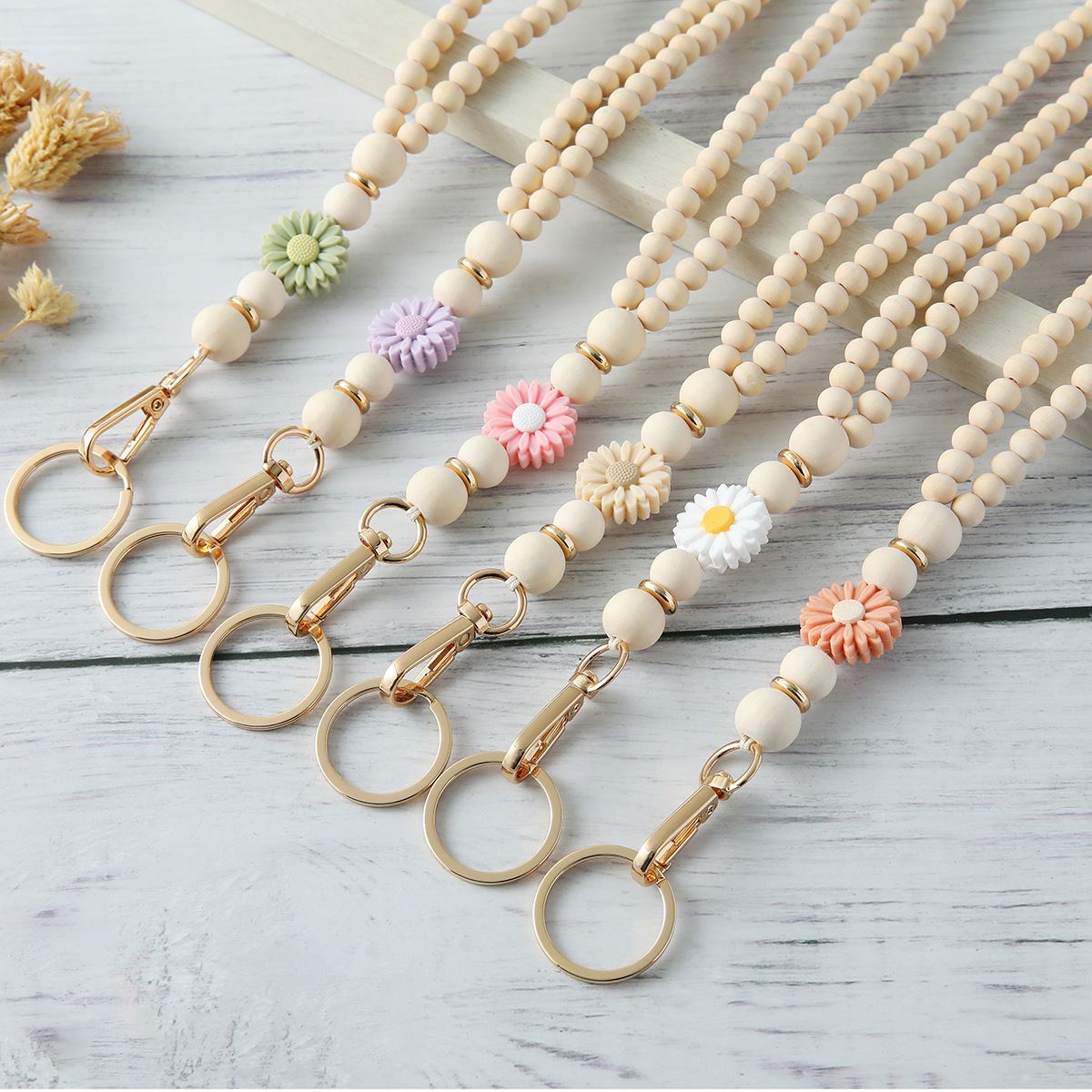 New Wooden Beaded Silicone Flower Keychain Necklace Cross-border for Creative Brand Work Permit Lanyard Necklace
