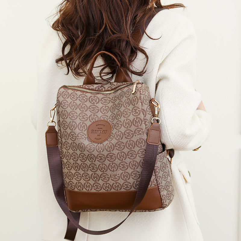 Picture of Backpack Women's Korean Style New Printed Retro Fashion Soft Leather Bag Large Capacity Work Travel Backpack Trendy