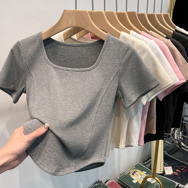 Picture of Square Collar Shoulder White Short-sleeved T-shirt Women's Summer Curved Hem Large Neck Slim-fit Slimming Short Fishbone Top