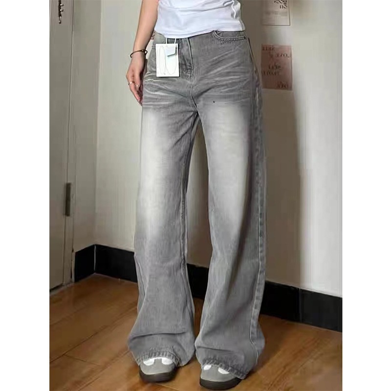 2024 Summer New Corrugated Dipped Loose Straight Pants Grey American Style Retro Wide Leg Jeans for Women