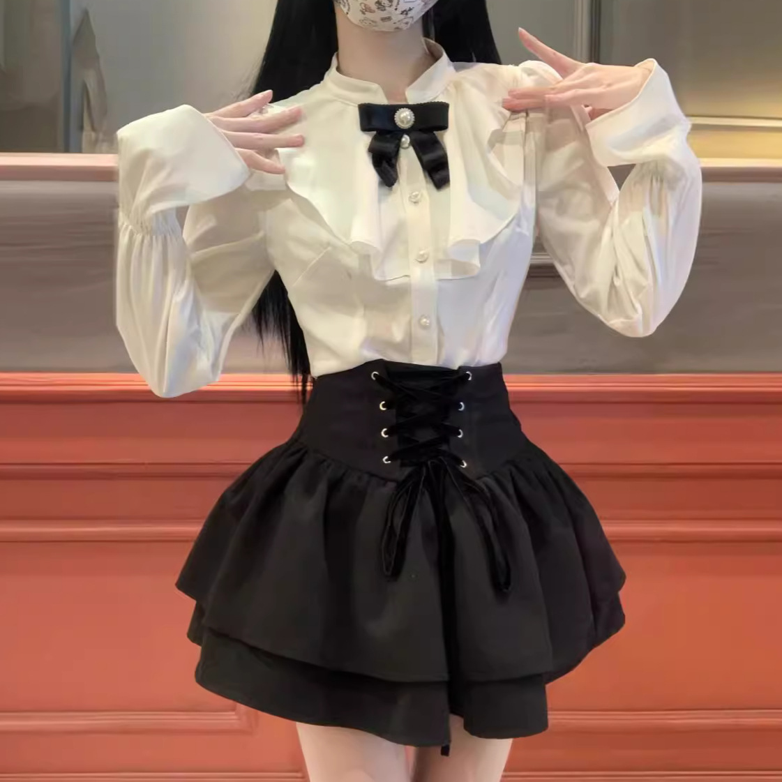 High-Waisted Palace-Style Balloon 2024 Double-Layer Shirt Black Retro Puffy Skirt Bear Middle Eastern Elegant Southeast Asian Style
