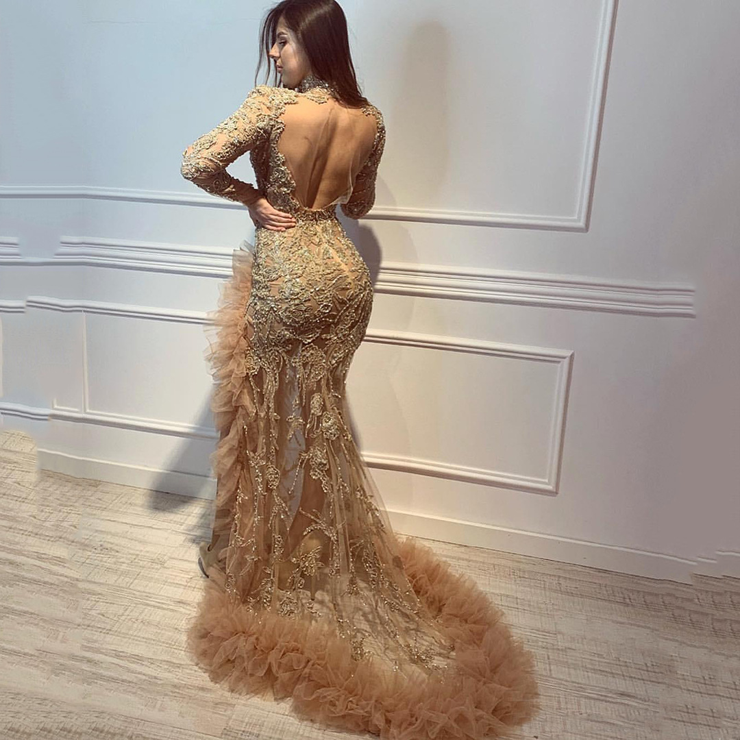Picture of Golden Sexy Evening Dress for Women 2025 New Banquet Elegant and Gorgeous Party Host Long Fishtail Skirt Autumn and Winter