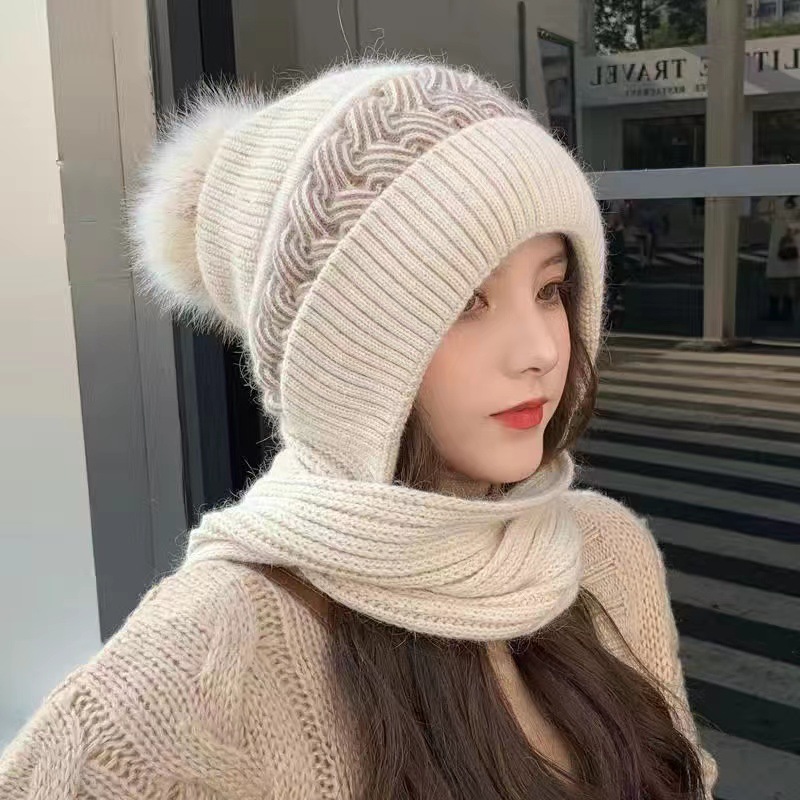 Picture of Hat women's winter Korean-style fashion wool hat winter versatile warm thickened ear protection knitted hat scarf integrated