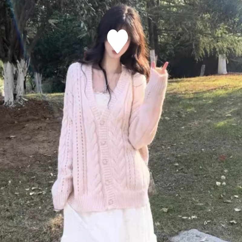 Picture of Peach pink tea break V-neck sweater slimming cardigan woman early spring loose lazy soft glutinous twist knitted sweater