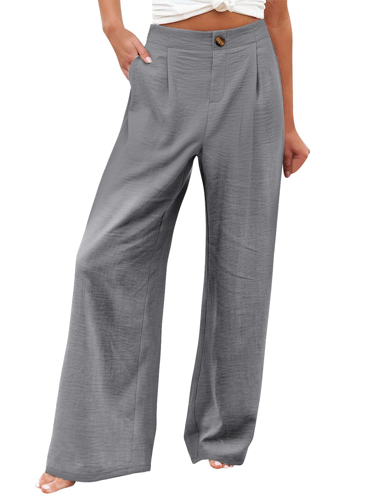 Picture of 2025 Cross-Border Amazon European and American Summer Plaid High Waist Trousers Button Elastic Waist Wide Leg Pants Women's Casual Straight-Leg Pants