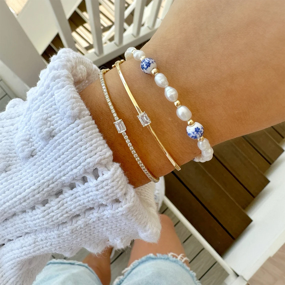 Baroque Natural Pearl Bracelet Women's European and American Ins Niche Chinese Style Blue and White Porcelain Elements Woven Beaded Bracelet