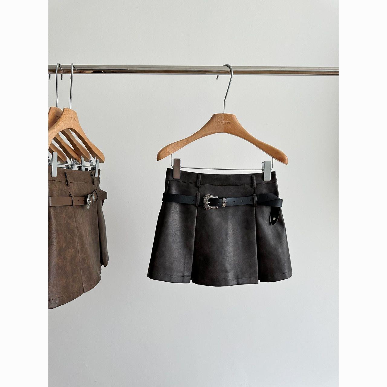 american Retro Hot Girl a-line Skirt Women's autumn New High Waist pu Leather Skirt Hip Skirt Rubbed Color Distressed Short Skirt