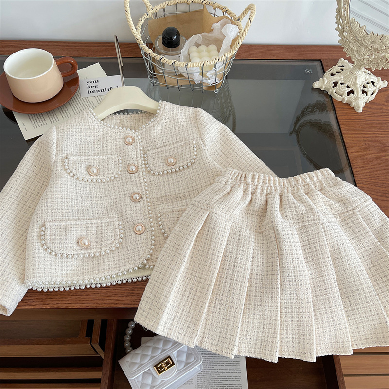 Baby Girl Korean Style Small Fragrance Suit Spring & Fall 2025 New Little Girl Fashionable Pleated Skirt Two-Piece Set