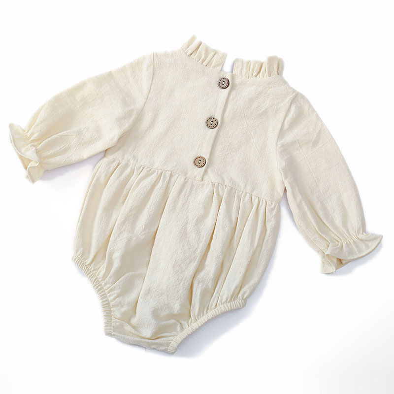 Picture of Cross-border New Long-sleeved Cotton and Linen Newborn Hatshirt Solid Color Flying Sleeve Lace Collar Baby Jumpsuit Children's Hatshirt