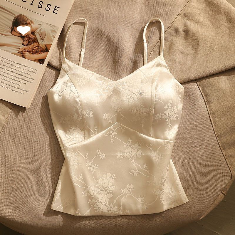 French Jacquard Satin Camisole Vest New Chinese Top Strap Chest Pad Short Base Strapless Beautiful Top Niche