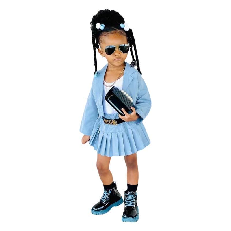 M8049 Amazon ins style foreign trade children's clothing 2023 new fashion casual long sleeve short cardigan skirt suit