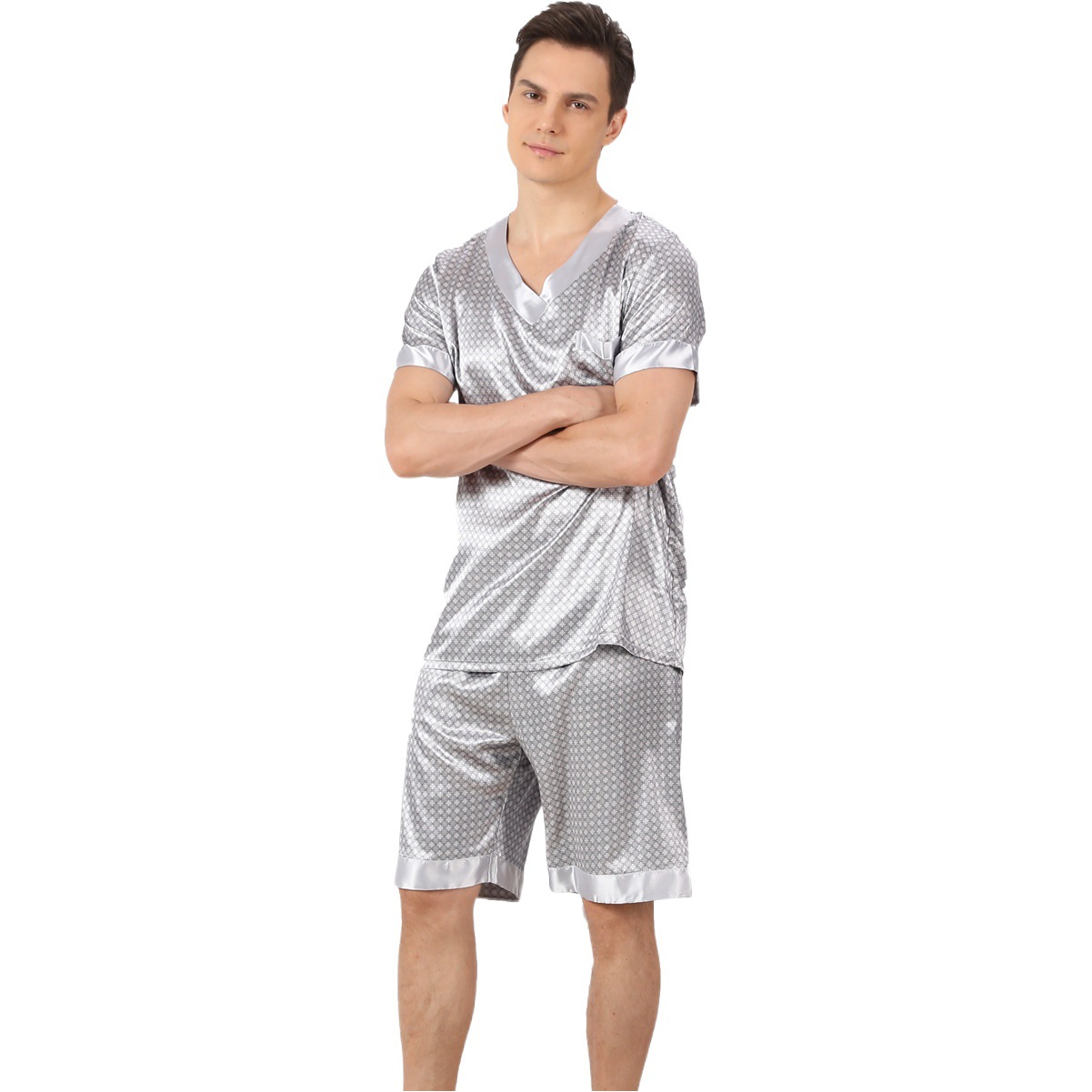 Cross-border Ice Silk Summer Men's Breathable Comfortable Pajamas Men's Summer Short-sleeved Silk-like Suit Home Clothes Pullover Shorts