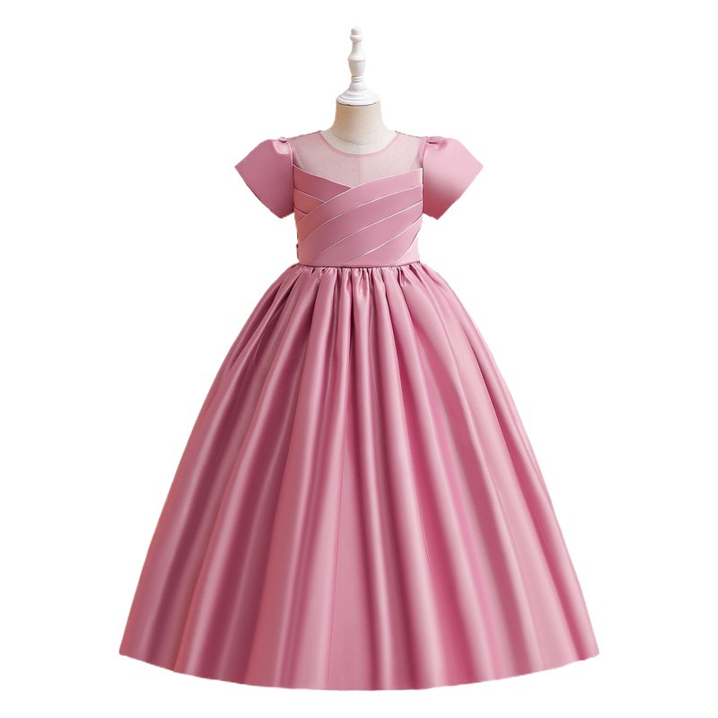 Europe and the United States children's dress girls princess dress satin short sleeve long dress big children's foreign trade children's clothing cross-border supply