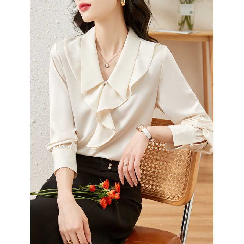 Picture of 2025 Spring and Autumn New Lotus Leaf Collar Satin Shirt Women's Design Niche French Sweet and Chic Top
