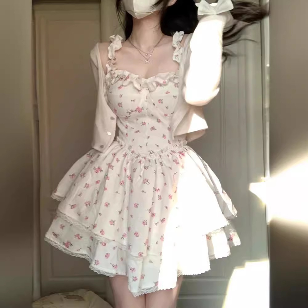 White floral strap dress women's summer hot girl sexy pure style waist slimming pettiskirt sweet and spicy style skirt