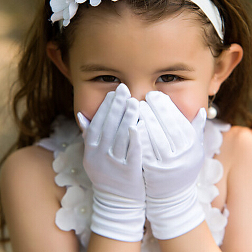 Girls Princess Dress Wedding Dress Gloves Children's White Five-finger Short Gloves Wedding Flower Girl Small Gloves Beautiful ~