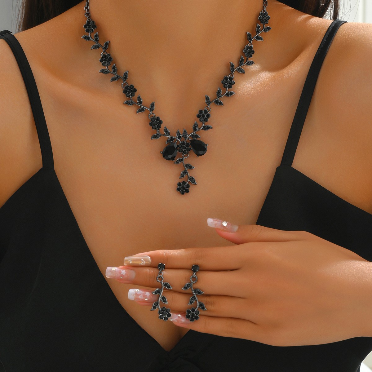 Cross-Border Amazon Bridal Rhinestone Silver Necklace and Earrings Set Women's Prom Dress Accessories Wholesale