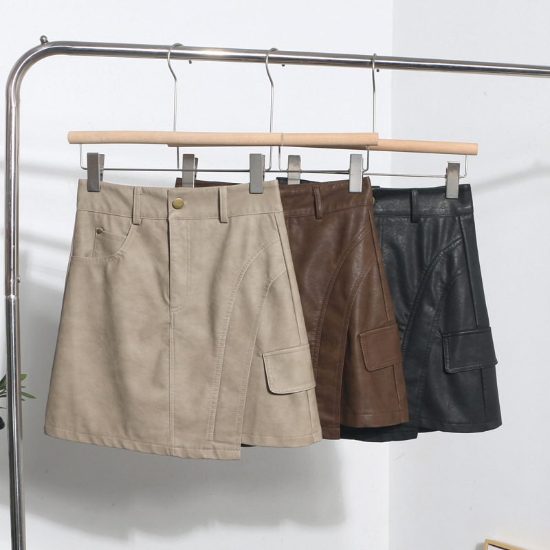 Real shot high-end feeling retro skirt hot girl new high waist pu leather anti-light a-word hip short skirt 8198