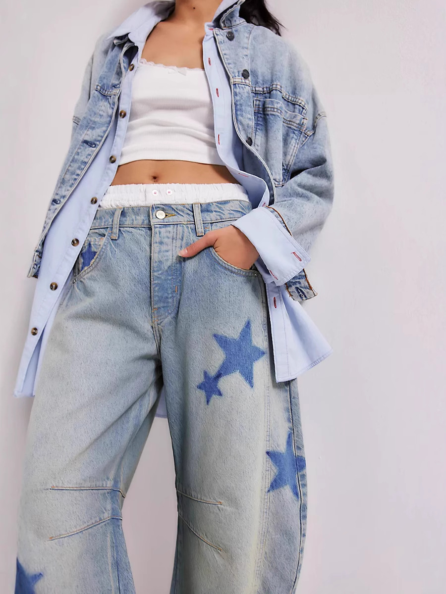 Independent Station 2025 Cross-Border Ebay European and American Spring Casual Loose Mid-Waist Tube-Shaped Women's Printed Jeans in Stock