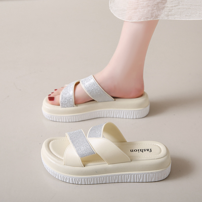 Fashion Flash Diamond Sandals and Slippers Women's Summer New Style Outer Wear Thick Bottom Heightened Slippers Beach High-end Slippers