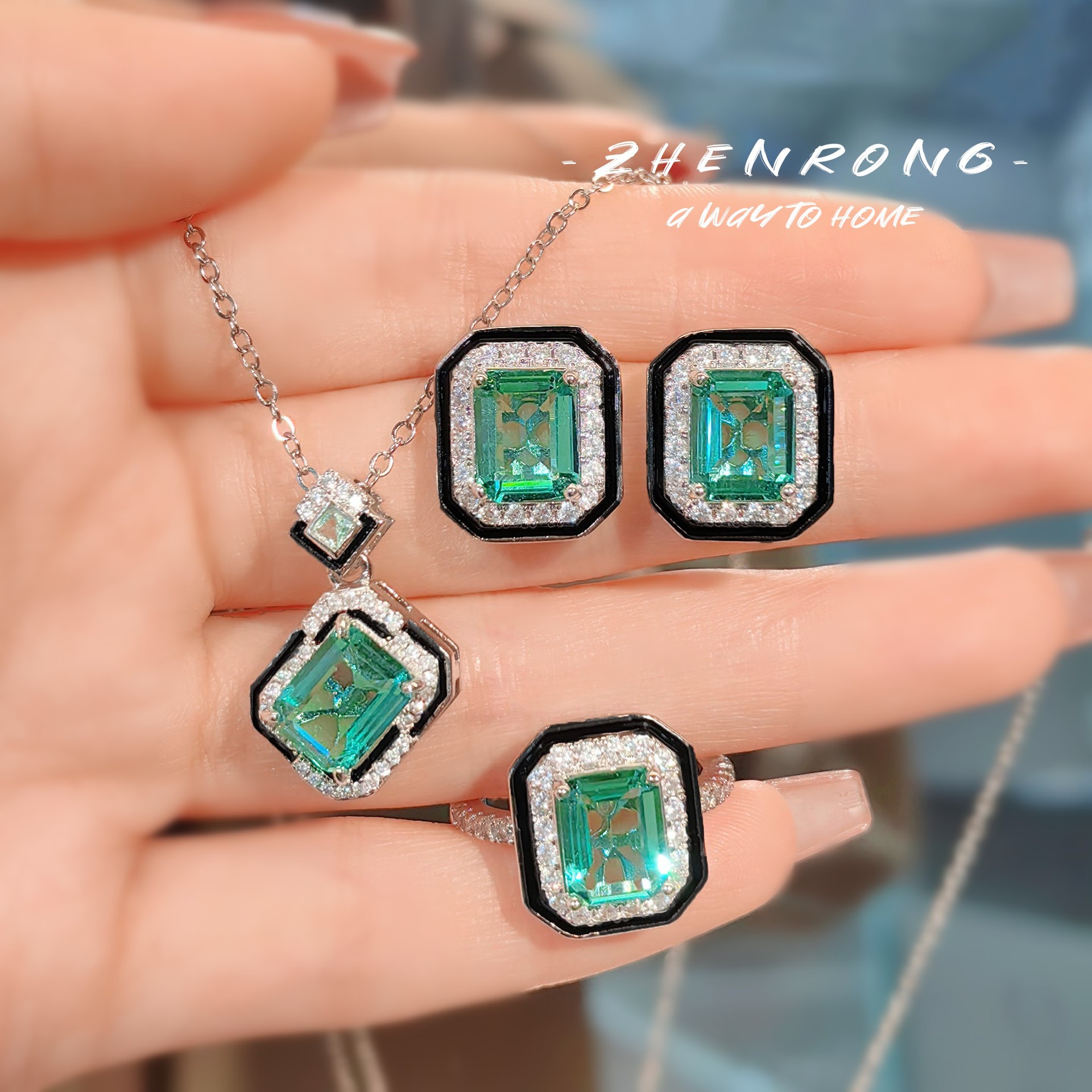 New Arrival Imitation Paraíba suit Simple Princess Square Green Diamond Ring Light Luxury Black Enamel Earrings Necklace for Women