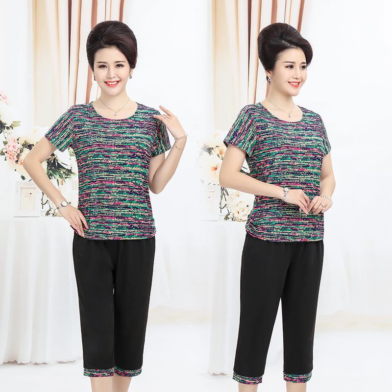 Picture of Loose plus size middle-aged and elderly women's suit top pants Ice Silk Cotton new summer mom two-piece short sleeve 7 pants manufacturer